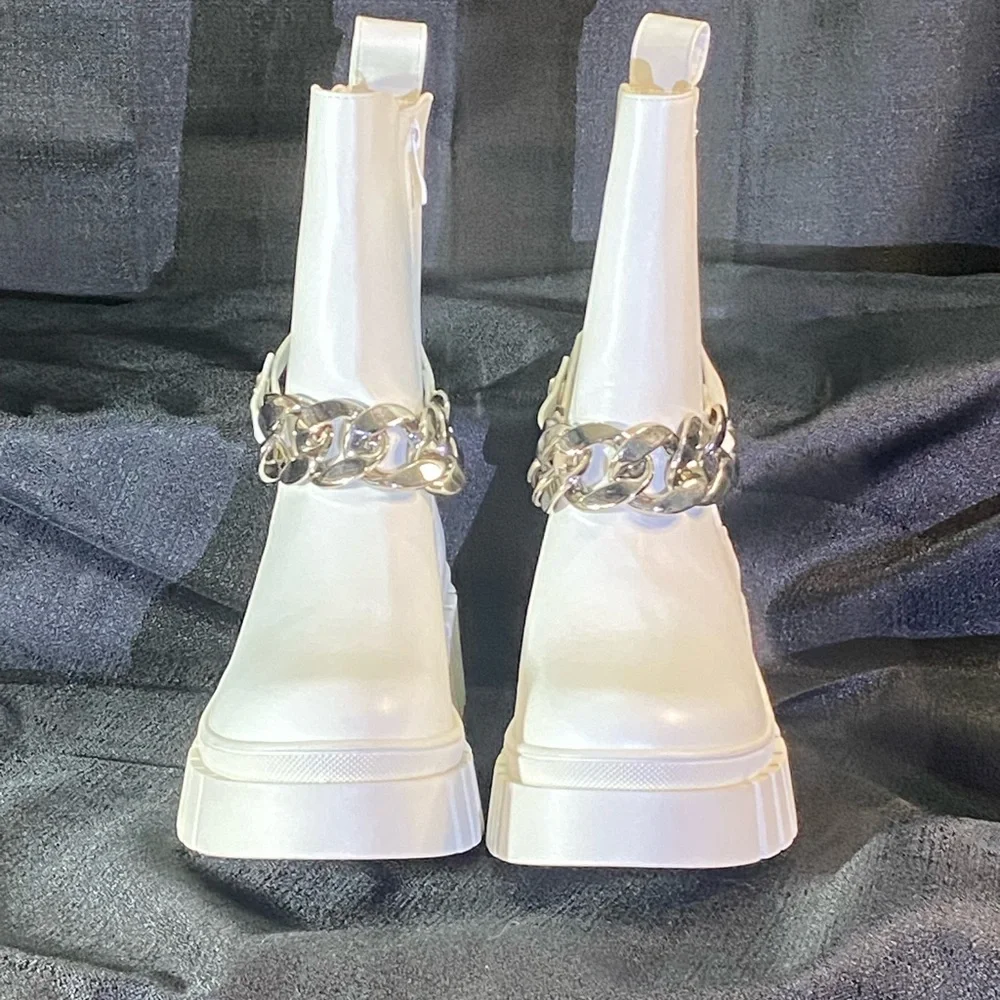 White Chunky Chain Ankle Boots - Picture 2 of 7
